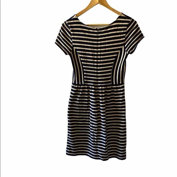 ANN TAYLOR Loft Navy&Tan Striped Tight Knit Dress - Picture 3 of 9
